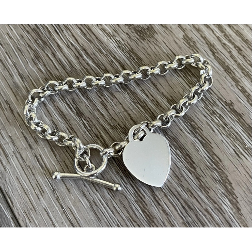 Signed Otc Italy 925 Sterling Silver Rolo Link Heart Charm Toggle Bracelet 8”